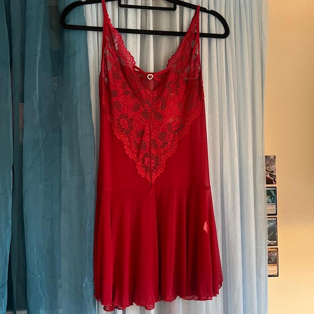 Red Mesh & Lace Heart Slip Dress / Babydoll Top